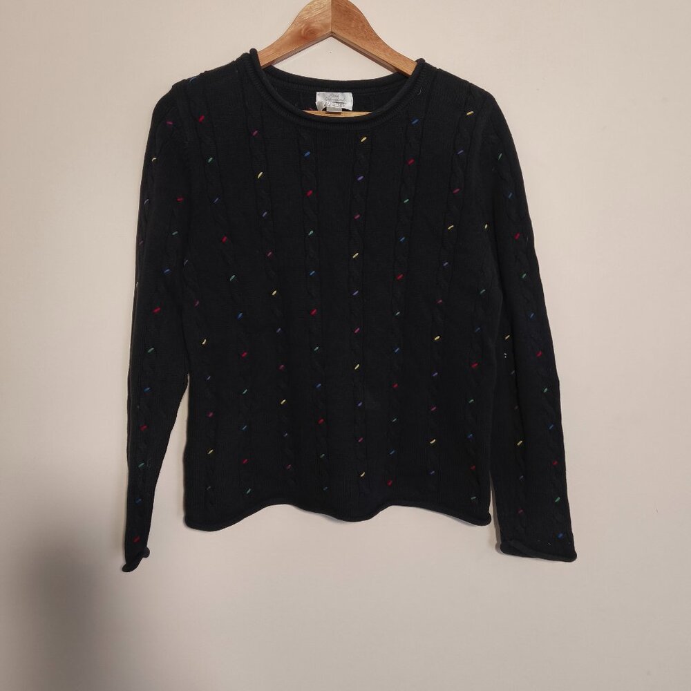 y2k Christopher and Banks Cable Knit Hand Embroidered Sweater sz M Black Rainbow